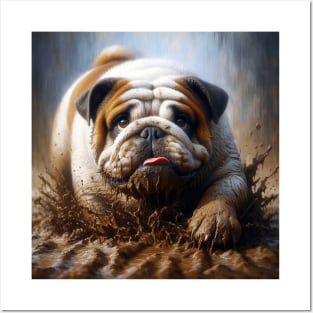 English Bulldog Playing in the Mud Posters and Art